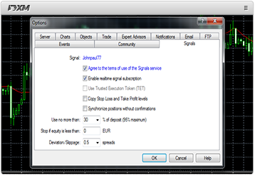 Specify your preferred trading parameters and click OK to start the signal service