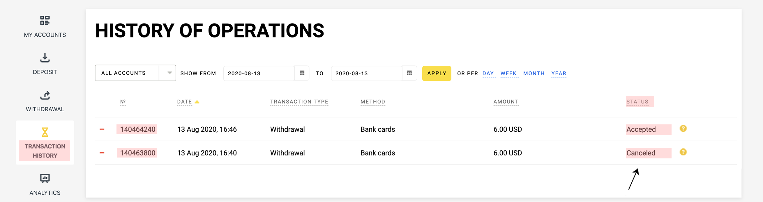 exness Where can I check the status of my deposit, withdrawal or internal transfer transactions