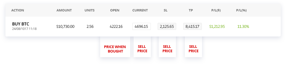 The displayed Take Profit price is also the potential SELL price.