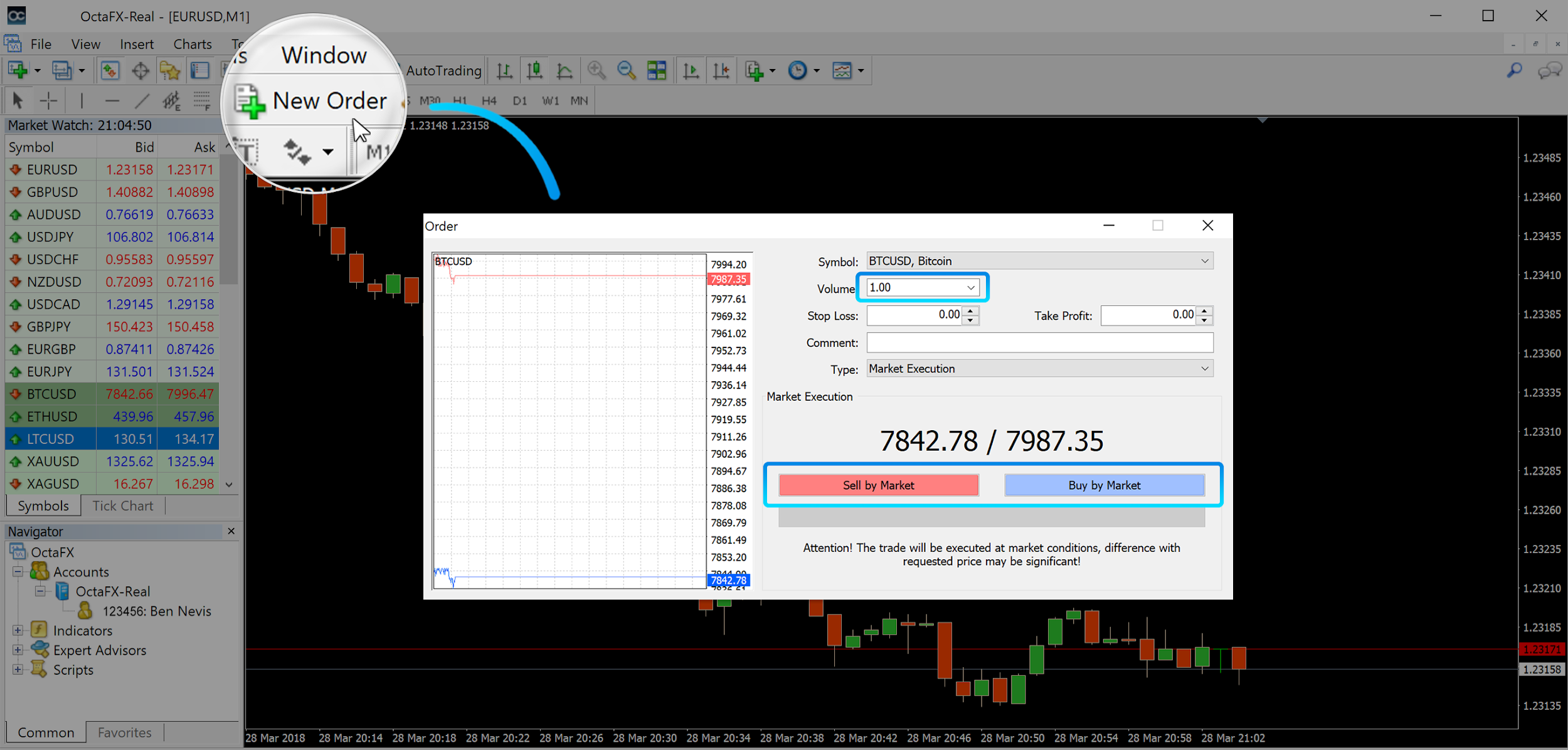 To open an order, you need to press the New Order button in the toolbar or press the Market Watch pair and select New Order.