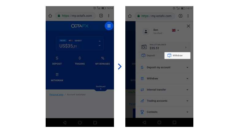how to withdraw funds from octafx wallet