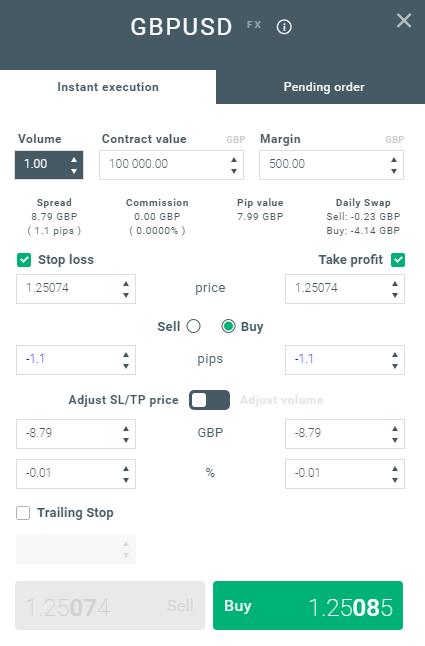 In the order window select the size of the position and if you want to apply Stop Loss or Take Profit orders.