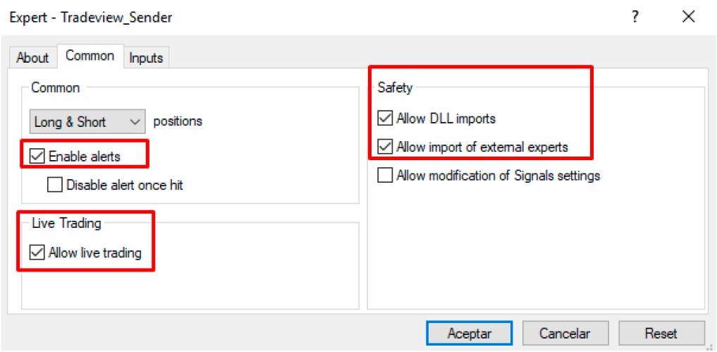 In the common tab, make sure you have the following boxes checked, then place the parameters to your preference and click on the accept button.