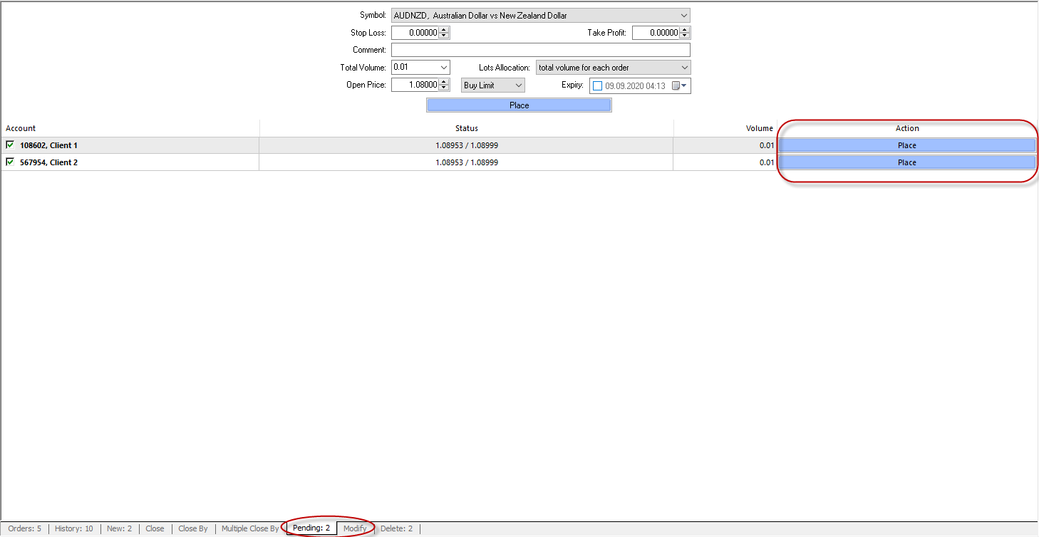 place all or part of the pending orders of the management account in this tab.