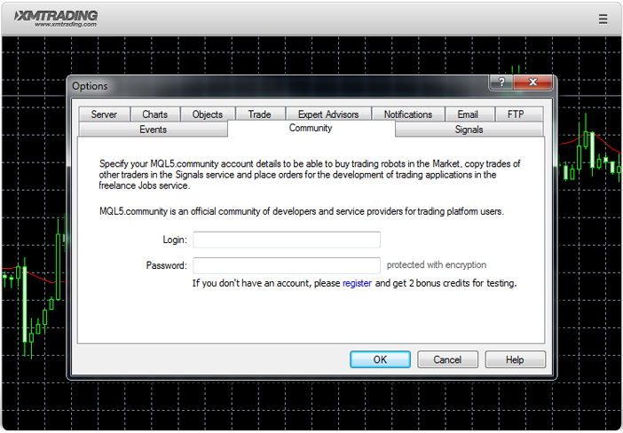 Go to Tools in the main menu, select Options then click the Community tab and enter your registration information in XMTrading MT4 MT5 Terminal