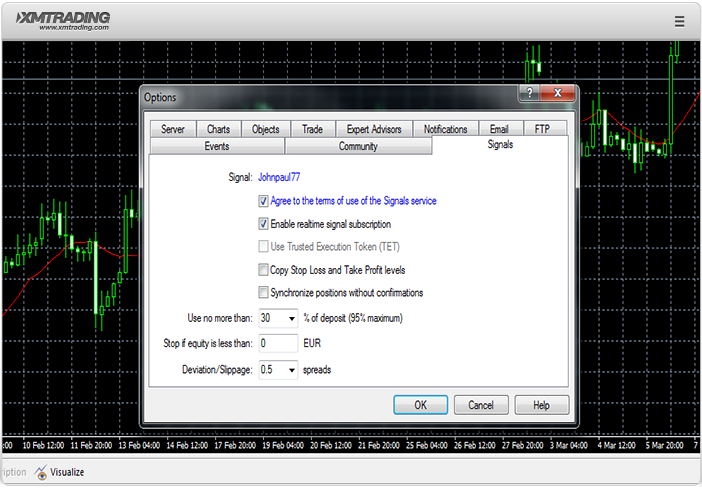 9. To start the signal service, set your preferred trading parameters and click OK.