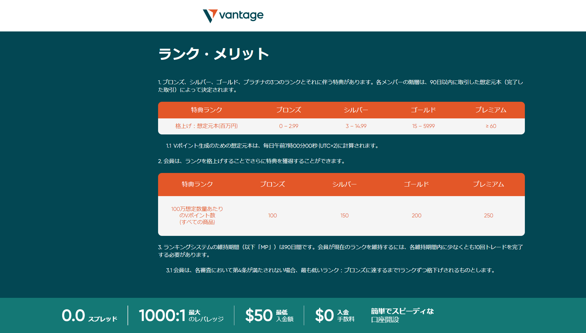 海外FX業者 Vantage（ヴァンテージ/バンテージ）のVantage Rewards（ヴァンテージ・リワード）で取引すると貯まるVポイントのランクごとの数の違い比較！