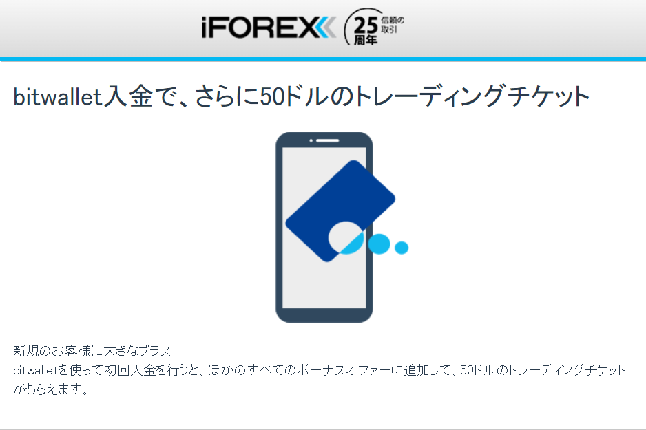 海外FX業者 iFOREX（アイフォレックス/アイフォ）のbitwallet（ビットウォレット）限定の入金ボーナスは、50ドル！