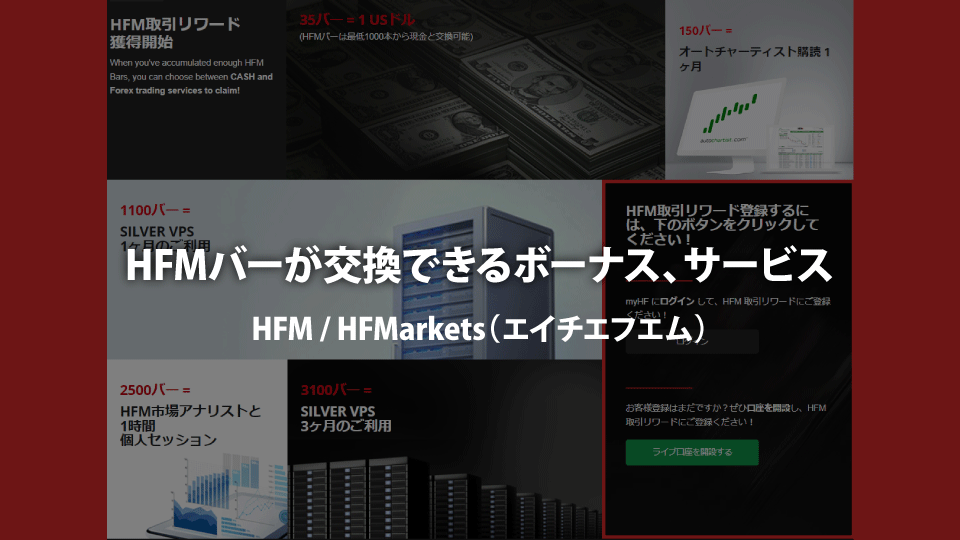 海外FX業者 HFM / HFMarkets（エイチエフエム）のロイヤルティプログラム「取引リワード」のHFMバーで交換できるボーナスやサービスです。